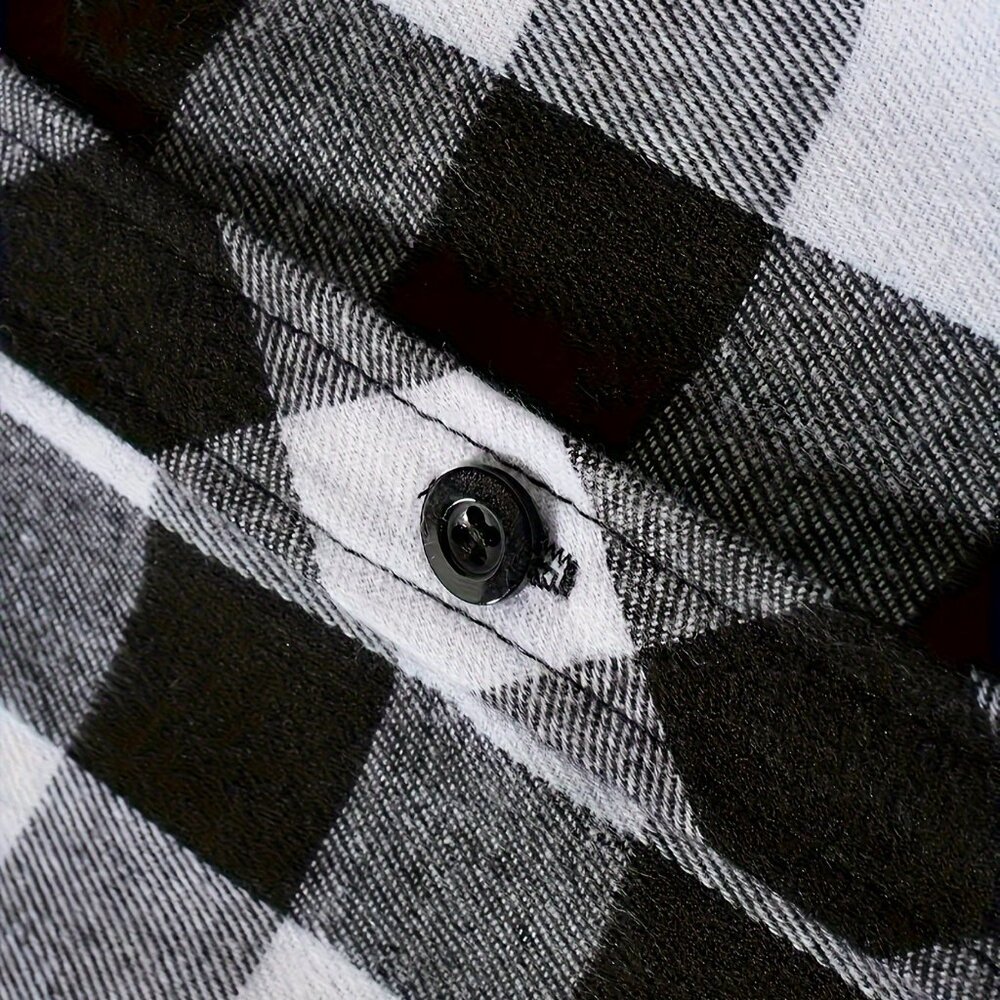 Men's Flannel Hoodie Jacket Casual Long Sleeve Button Down Plaid Shirt White - Picture 5 of 5